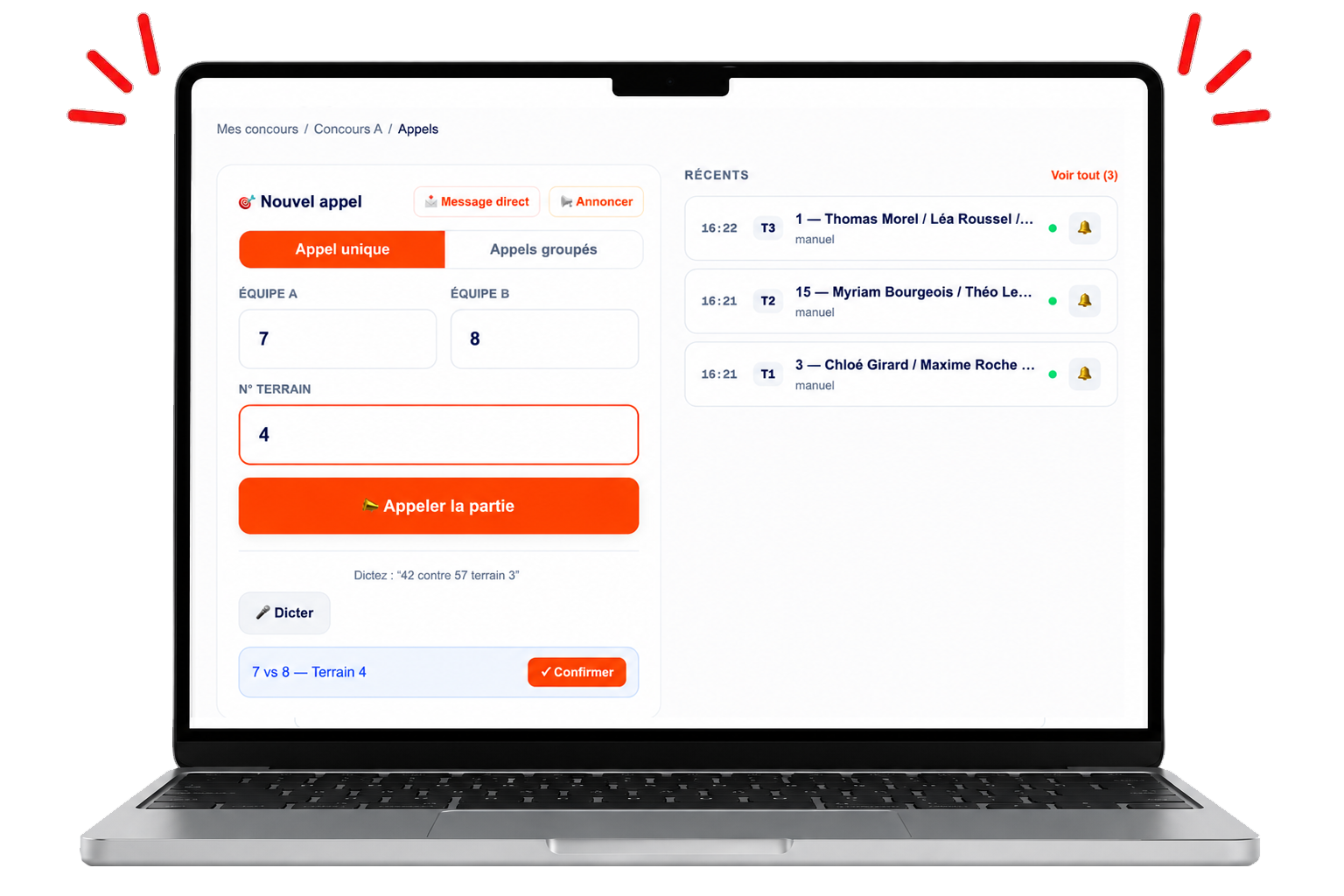 Interface d'appel de parties Notygo