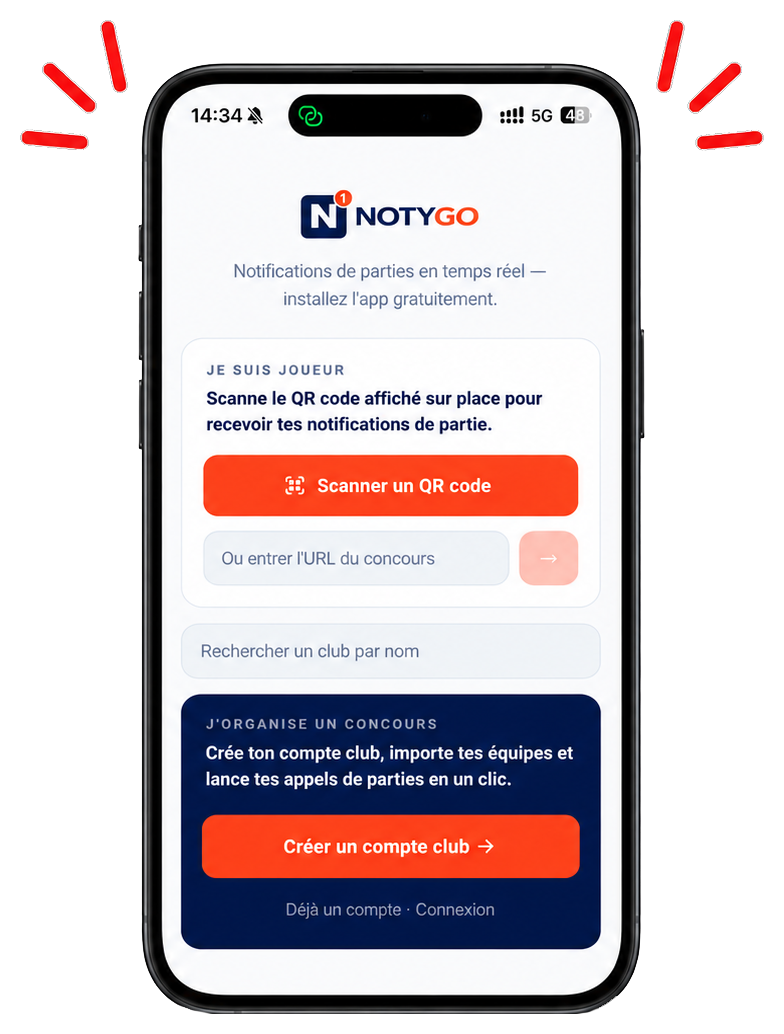 Écran d'accueil Notygo avec scan QR code