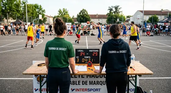 Deux bénévoles de dos à la table de marque d’un tournoi de basket en plein air