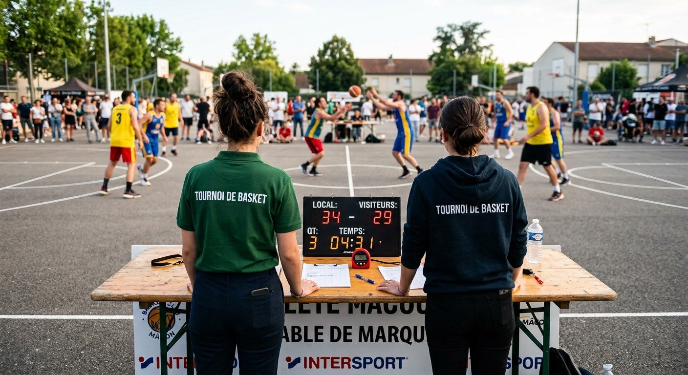 Deux bénévoles de dos à la table de marque d’un tournoi de basket en plein air