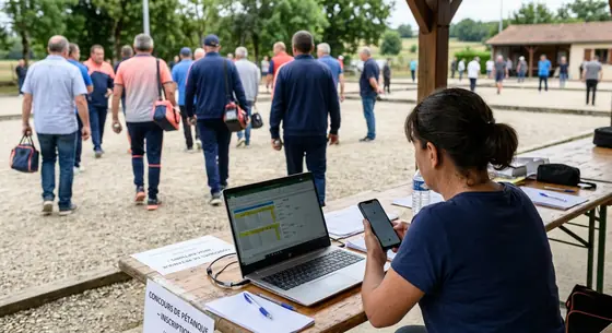 Une organisatrice consulte son téléphone devant un ordinateur au bord des terrains de pétanque