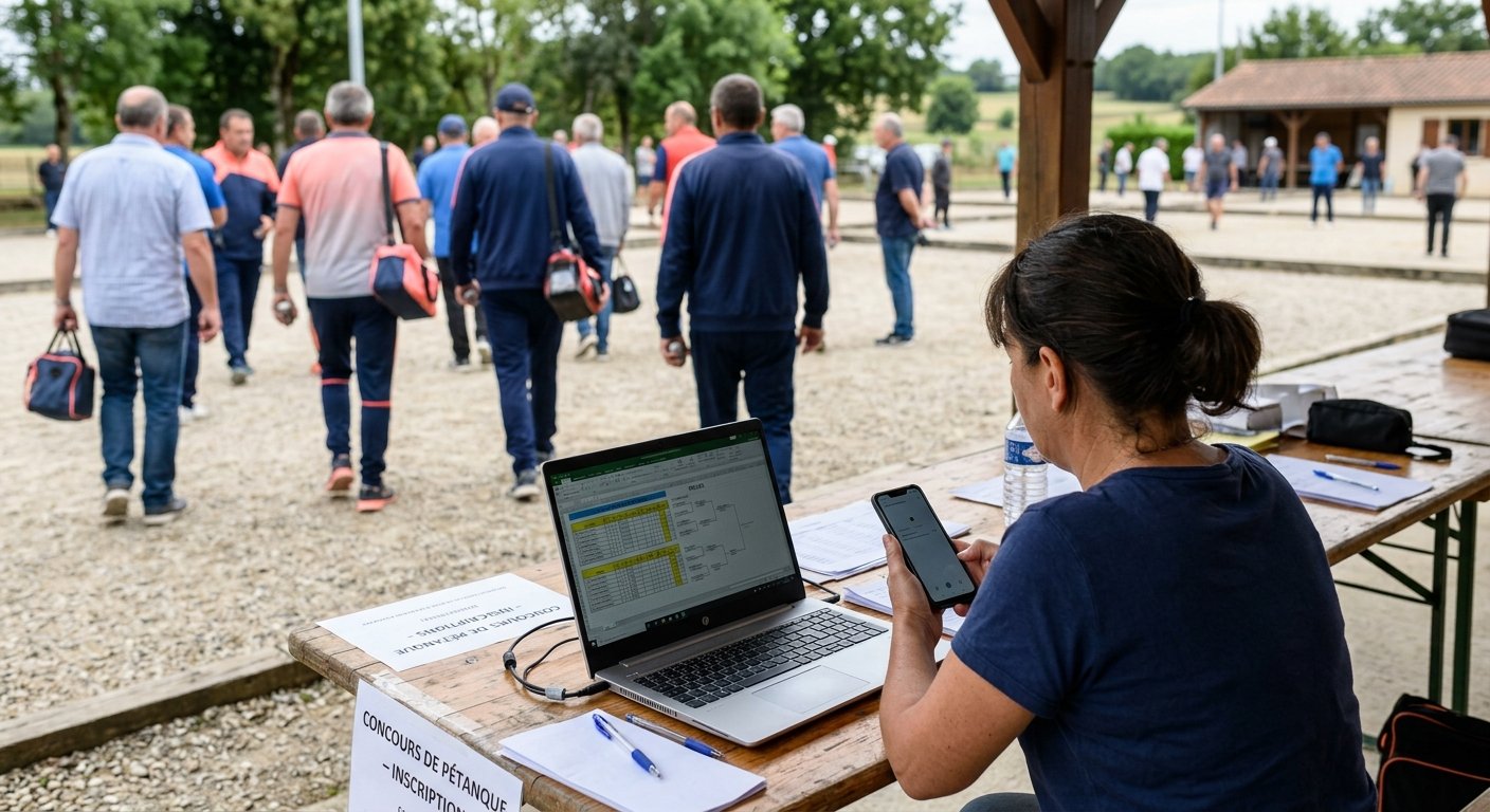 Une organisatrice consulte son téléphone devant un ordinateur au bord des terrains de pétanque