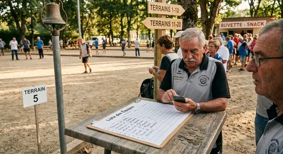 Un organisateur consulte son téléphone près de la liste des équipes d’un concours de pétanque
