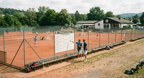 Deux joueurs devant le tableau du tournoi, au bord de courts en terre battue