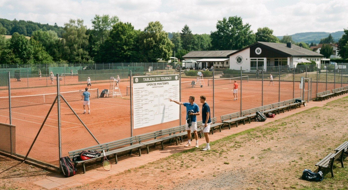 Deux joueurs devant le tableau du tournoi, au bord de courts en terre battue