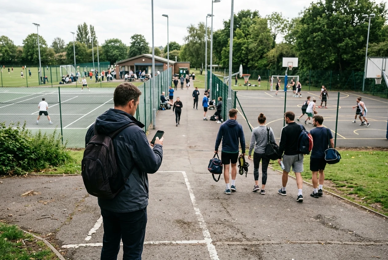 Des adultes rejoignent les terrains d’un complexe multisport